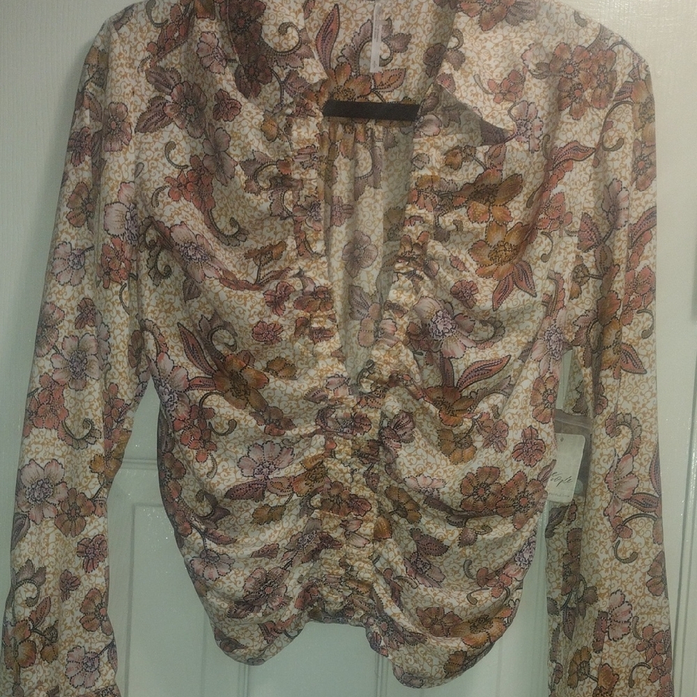 Free People Ruched Floral Ruffle Blouse in Pink & Brown